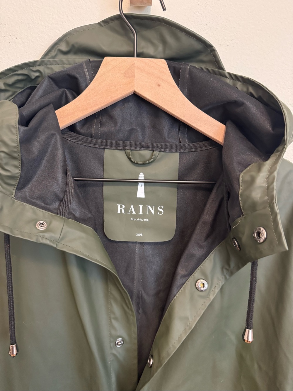 Rains Olive Green Hooded Raincoat with Snap Front - Picture 2 of 3